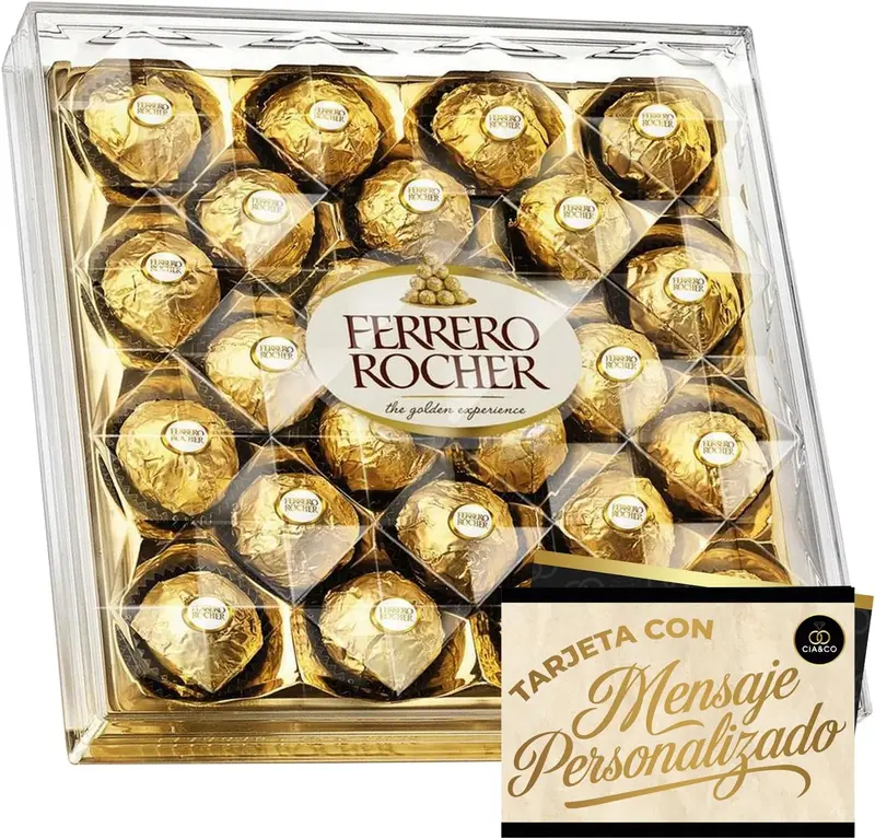Caja de 24 Bombones Ferrero Rocher (300g) con Tarjeta Dedicatoria Personalizada por Cia&Co. Un regalo generoso y elegante para celebraciones importantes, hecho único con tu propio mensaje.