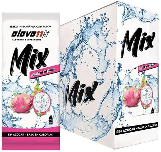 Caja de 24 sobres de bebida instantánea Mix sabor Fruta del Dragón de ElevenFit. La forma más exótica y saludable de hidratarte con un sabor único y sin azúcar.
