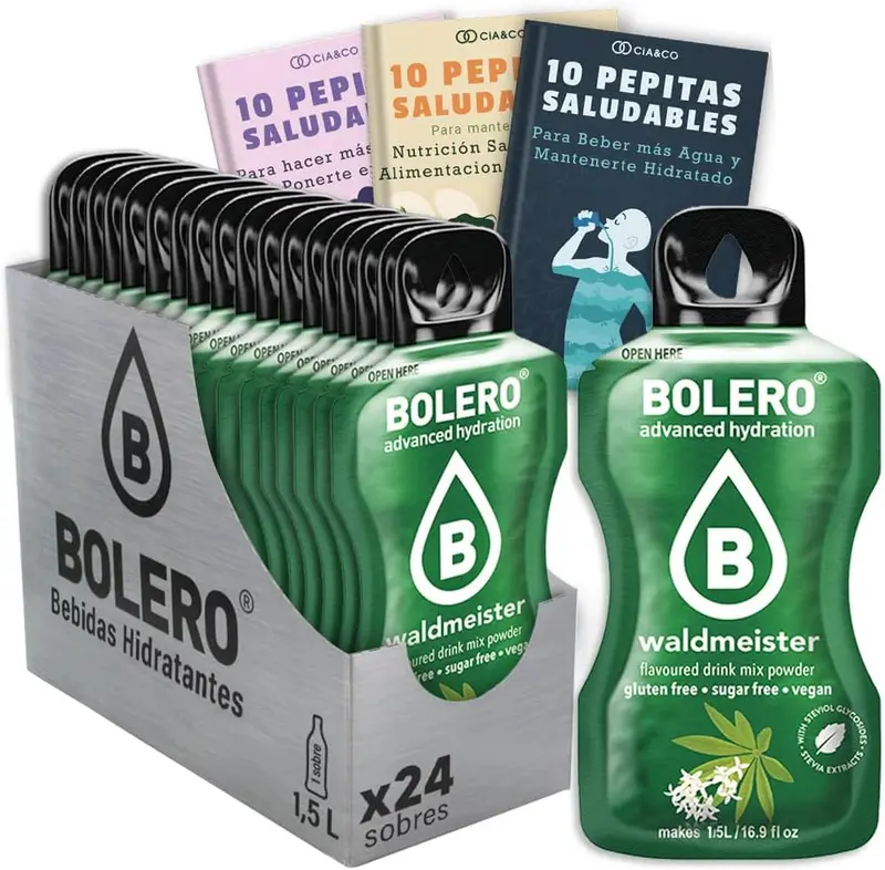 Caja de 24 sobres de Bolero Aspérula, una bebida sin azúcar para una hidratación refrescante y saludable. Incluye 30 Pepitas de Bienestar by Cia&Co para inspirarte.