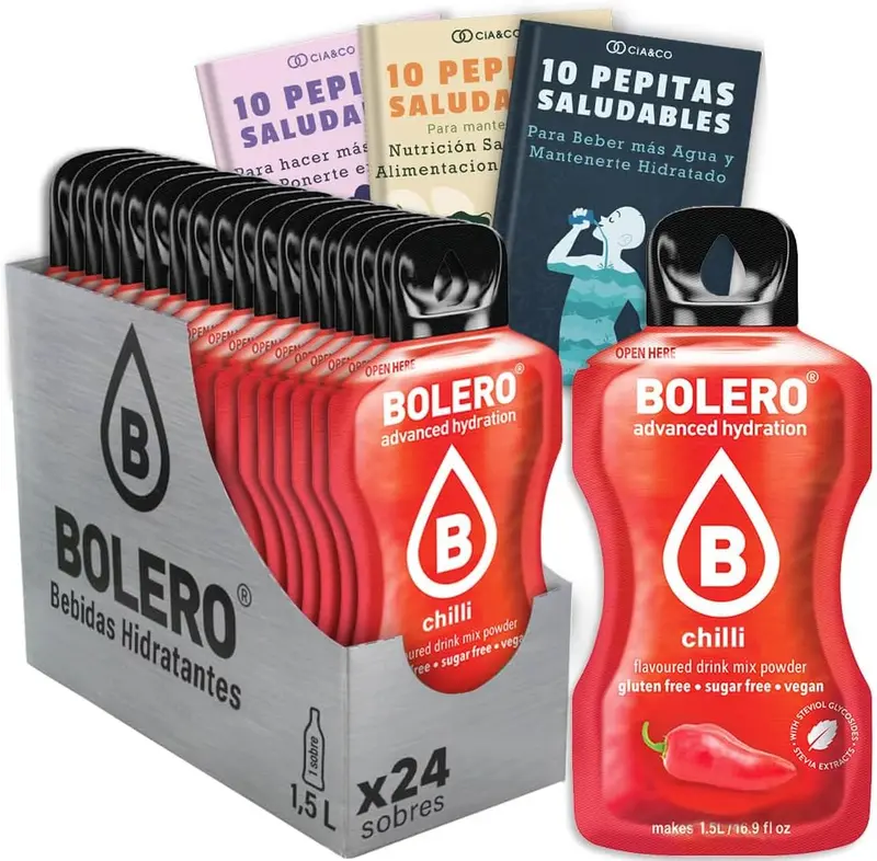 Caja de 24 sobres de Bolero sabor Guindilla, una bebida sin azúcar para los más atrevidos. Incluye 30 Pepitas Saludables de Cia&Co para un estilo de vida vibrante.