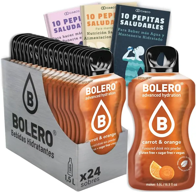 Caja de 24 sobres de Bolero Zanahoria y Naranja, una bebida hidratante sin azúcar enriquecida con vitaminas. Incluye 30 Pepitas Saludables exclusivas de Cia&Co.