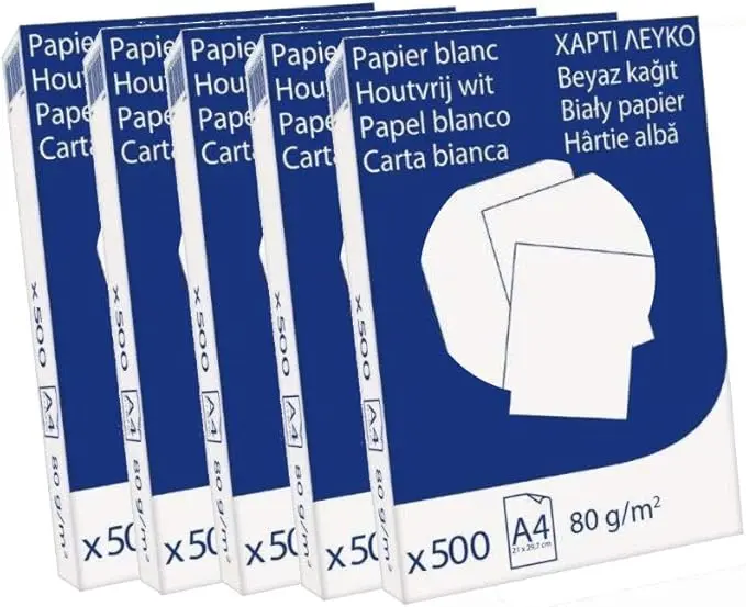 Caja de 2500 Hojas de Papel A4 Blanco de 80gr. Un pack de 5 paquetes de 500 folios, ideal para un alto volumen de impresión en oficinas y compatible con todas las impresoras.