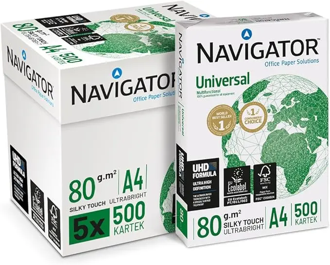 Caja de 2500 Hojas de Papel Multiusos para Impresora Navigator Universal A4 80gr. El papel 99,99% libre de atascos, ideal para oficinas y un alto volumen de impresión.
