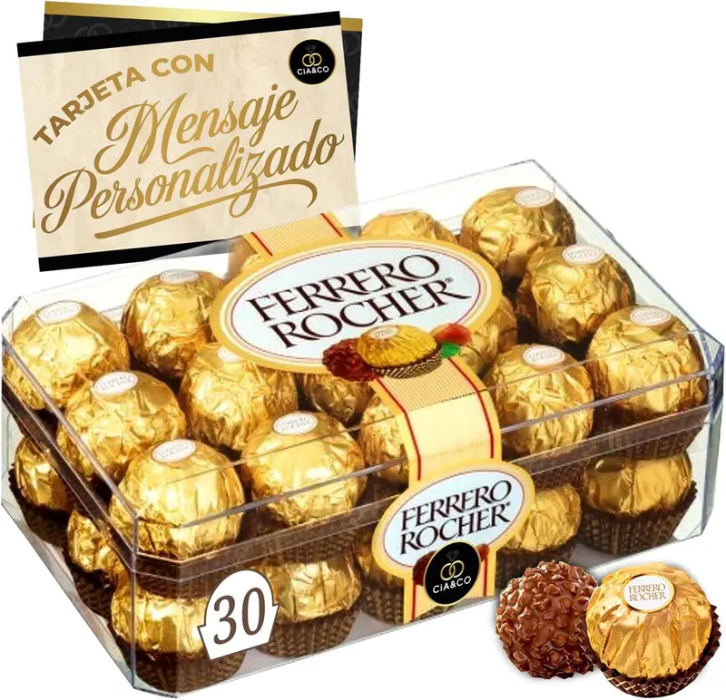 Caja de 30 Bombones Ferrero Rocher (375g) con Tarjeta Personalizada por Cia&Co. El máximo exponente del regalo dulce, ideal para compartir en grandes eventos o para un detalle de lujo.