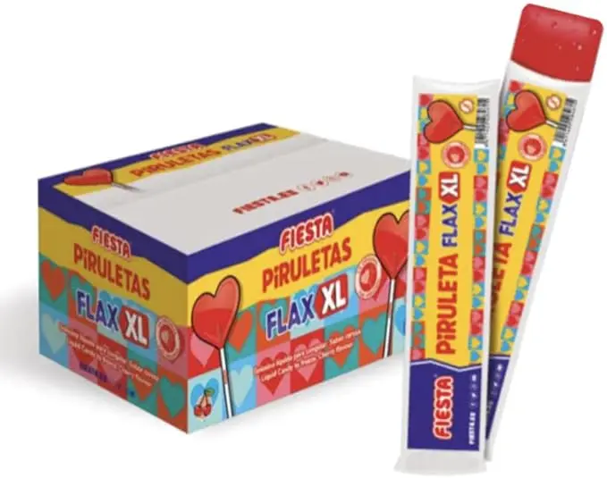 Caja de 30 Flashes XL sabor Piruleta de Fiesta. Disfruta del icónico caramelo con corazón en formato polo para congelar, una golosina líquida con el auténtico sabor a cereza.
