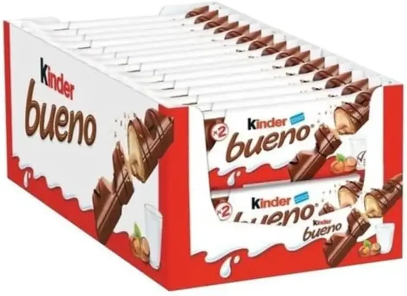 Caja de 30 paquetes de Kinder Bueno Clásico (60 barritas). El icónico snack de crujiente barquillo con cremoso relleno de avellanas y bañado en chocolate con leche.