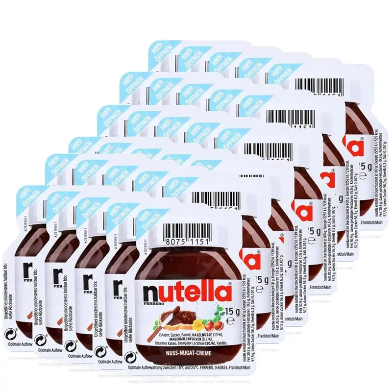 Caja de 30 Porciones Individuales de Nutella (30x15g). El formato perfecto para tener en la despensa familiar, para viajes, la oficina o pequeños eventos.