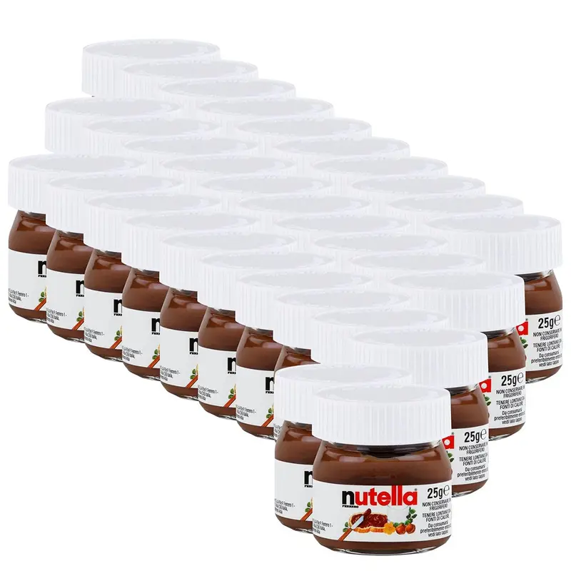 Caja de 32 Mini Tarros de Nutella (32x25g). El formato ideal para hostelería, buffets y eventos, con la ración individual perfecta en un icónico tarrito de cristal.