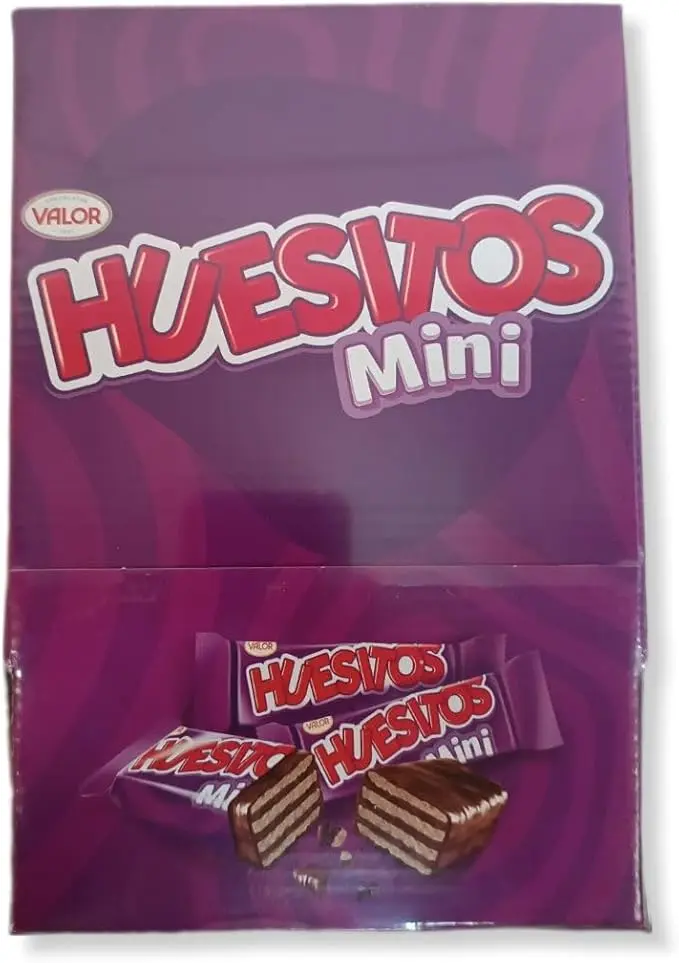 Caja de 48 Barritas de Huesitos Mini Individuales. El snack de barquillo crujiente y chocolate de toda la vida, ahora en un formato mini perfecto para llevar o para fiestas.