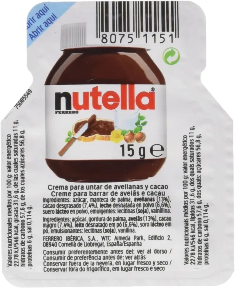 Caja de 60 Porciones de Nutella (60x15g). Un pack ahorro con 900g de la auténtica crema de avellanas y cacao en monodosis, ideal para familias y pequeños negocios.