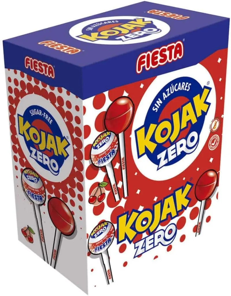 Caja de 70 Caramelos Kojak Zero Sin Azúcar sabor Cereza de Fiesta. Disfruta del sabor clásico del Kojak, pero ahora sin azúcar. El capricho ideal para cuidarte.