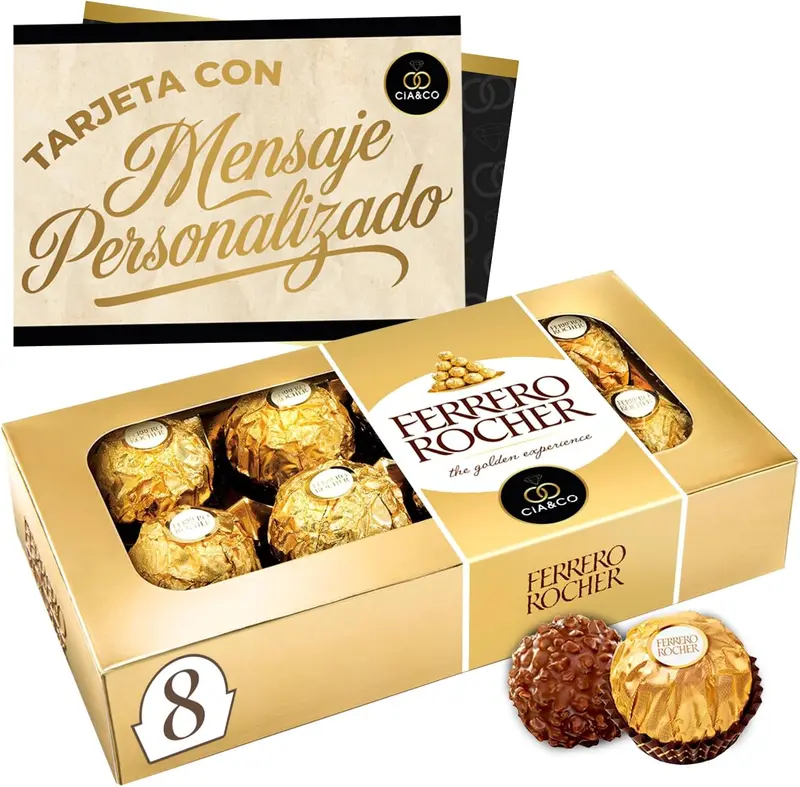 Caja de 8 Bombones Ferrero Rocher (100g) con Tarjeta Personalizada de Cia&Co. Un detalle elegante y delicioso para expresar gratitud o afecto de una manera personal y sofisticada.