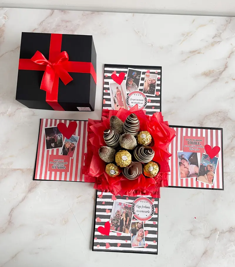 Caja Explosiva con fresas con chocolate y bombones