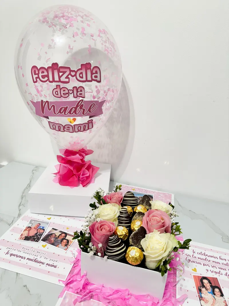 Caja Explosiva con Rosas, Bombones y fresas con chocolate