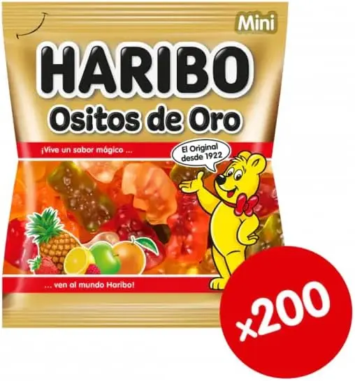 Caja Expositora con 200 Bolsitas Individuales de Mini Ositos de Oro Haribo de 10g. El formato perfecto de gominolas para regalar en fiestas, piñatas y eventos.