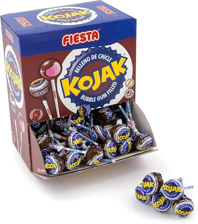 Caja Expositora de 100 Caramelos Kojak sabor Cola de Fiesta. El clásico caramelo con palo relleno de chicle, ahora con el refrescante y delicioso sabor a refresco de cola.