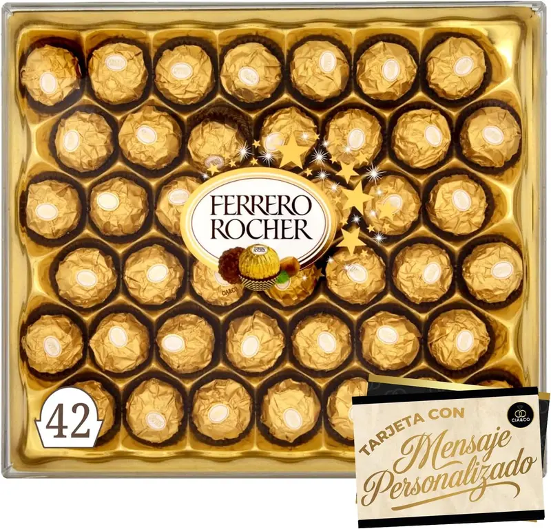 Caja Gigante de 42 Bombones Ferrero Rocher (525g) con Tarjeta Personalizada. El regalo supremo para los muy chocolateros y las grandes celebraciones, con un mensaje inolvidable de Cia&Co.
