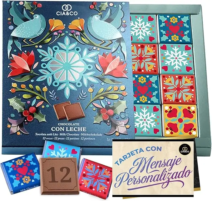 Caja Regalo con 12 Chocolatinas de Chocolate con Leche. Un detalle original con envoltorios de diseño y tarjeta personalizable, ideal para San Valentín y cumpleaños.