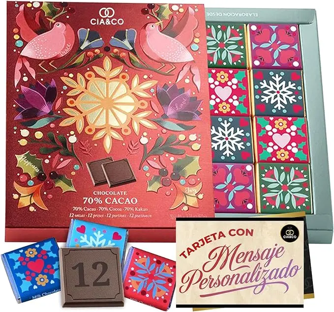 Caja Regalo con 12 Chocolatinas de Chocolate Negro 70% Cacao. Un detalle original y elegante para San Valentín o aniversarios, con tarjeta personalizable.