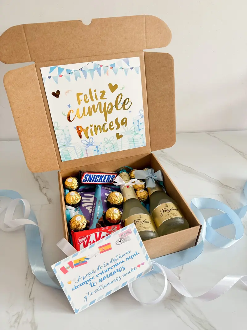 Caja Sorpresa con Chocolates, mini cavas y globito personalizado