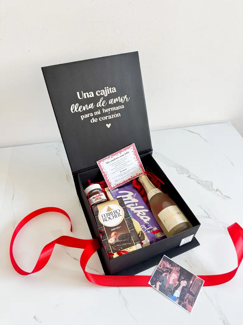 Caja sorpresa con mini cava y chocolates
