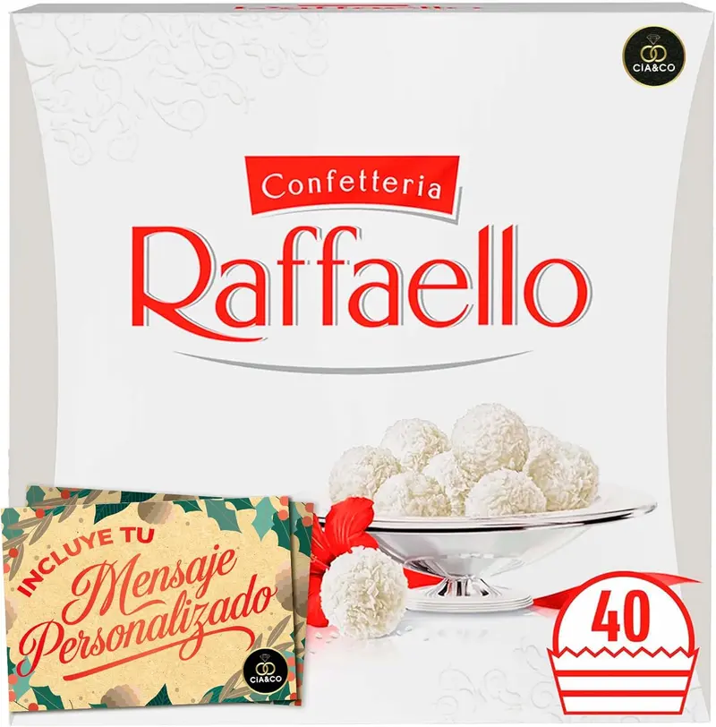 Caja XXL de 40 Bombones Raffaello · Bombones de Coco, Crema y Almendra Entera · Incluye Tarjeta Personalizable Cia&Co · Regalo Navideño Premium Ideal para Familias y Amantes del Dulce – 400 g