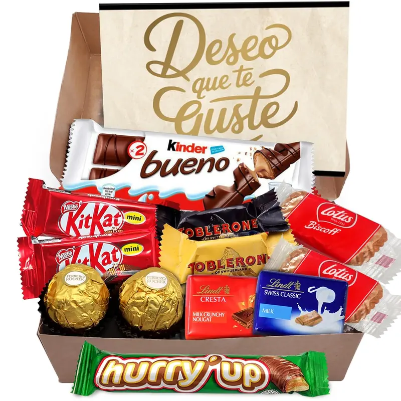 Cajita Regalo de Lujo con Bombones Lindt Lindor y Ferrero Rocher. Un surtido con 12 bombones y chocolates premium como Kinder Bueno y Toblerone, con tarjeta personalizada.