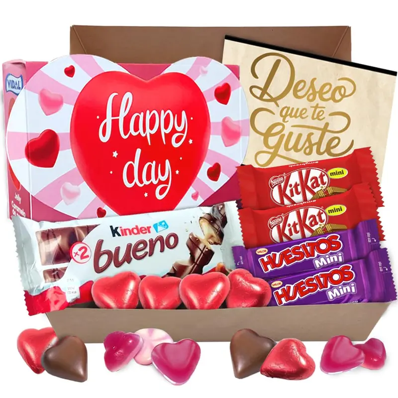 Cajita Regalo Momento Sorpresa con Chocolates y Gominolas de Corazón. Un detalle dulce con Kinder Bueno, Kit Kat y Huesitos, con tarjeta personalizada para cualquier ocasión.