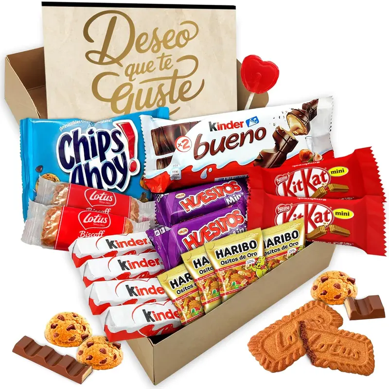 Cajita Regalo VIP con 17 Chocolates de Primeras Marcas Cia&Co. Un surtido con Kinder Bueno, Cards, Kit Kat, Twix, Mars y Lotus, ideal como detalle original con tarjeta personalizada.