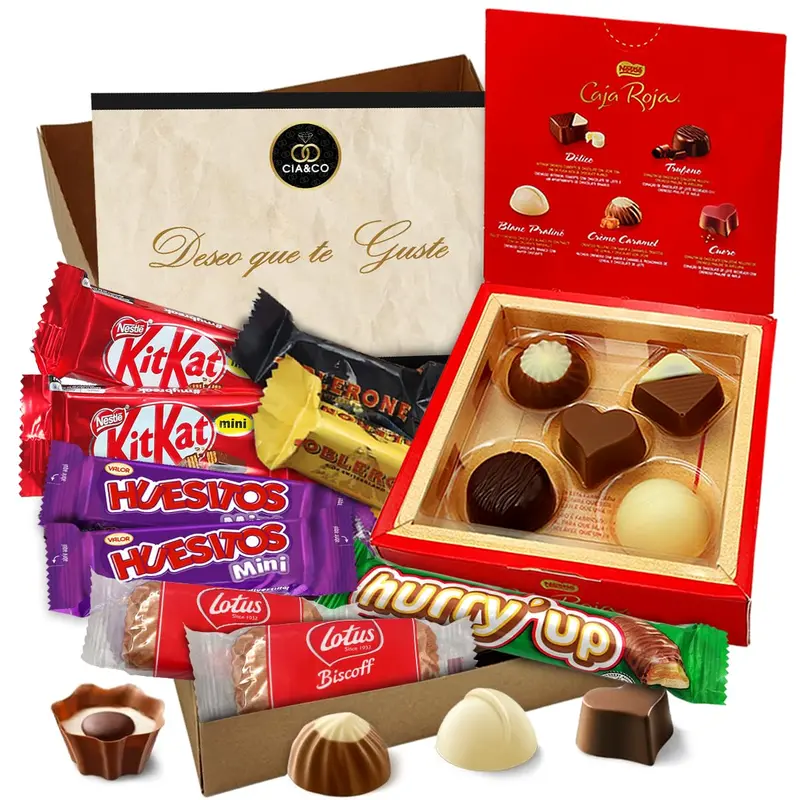 Cajita Regalo VIP con Caja Roja de Nestlé y 14 Bombones y Chocolates. Un surtido premium con Toblerone, Kit Kat y Lotus, preparado a mano y con tarjeta personalizada.