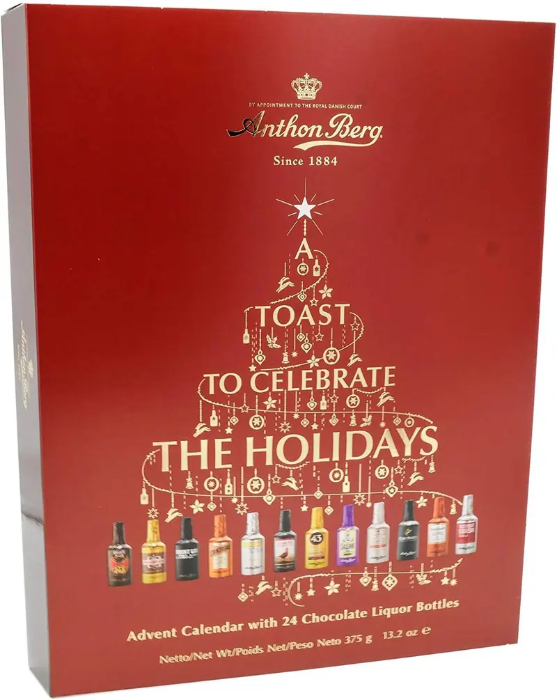 Calendario de Adviento ANTHON BERG 2025 · 24 Mini Botellitas de Chocolate Negro Rellenas con Licores Originales · Incluye Tarjeta Personalizable Cia&Co · Regalo Gourmet de Navidad · 375 g