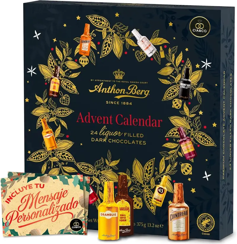 Calendario de Adviento Anthon Berg 2025 · Formato Libro · 24 Mini Botellitas de Chocolate Negro Rellenas de Sabores Exclusivos · Incluye Tarjeta Personalizada Cia&Co · Regalo Gourmet de Navidad 375 gr