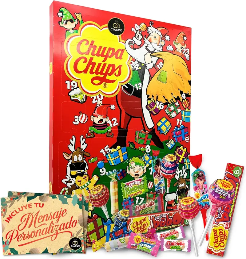 Calendario de Adviento Chupa Chups 2025 · 24 Dulces Divertidos con Sabores Clásicos · Incluye Tarjeta Personalizada Cia&Co · Regalo Original de Navidad para Niños y Familia · 210 grs
