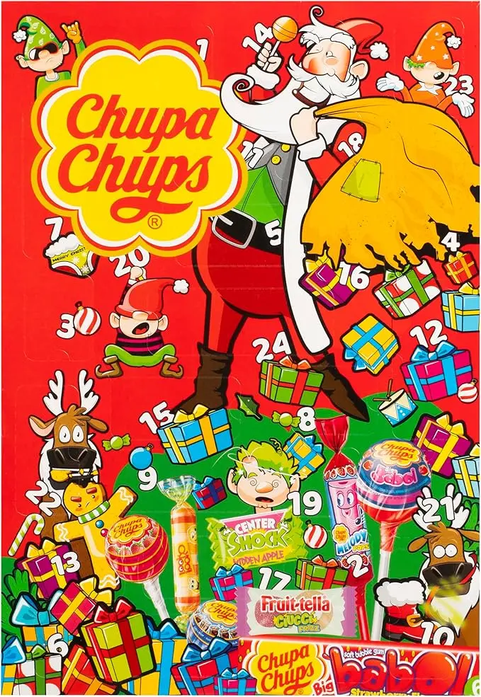 Calendario de Adviento Chupa Chups con 24 sorpresas variadas (210.6g). La cuenta atrás más original con un surtido de los caramelos con palo, chicles y gominolas más icónicos.
