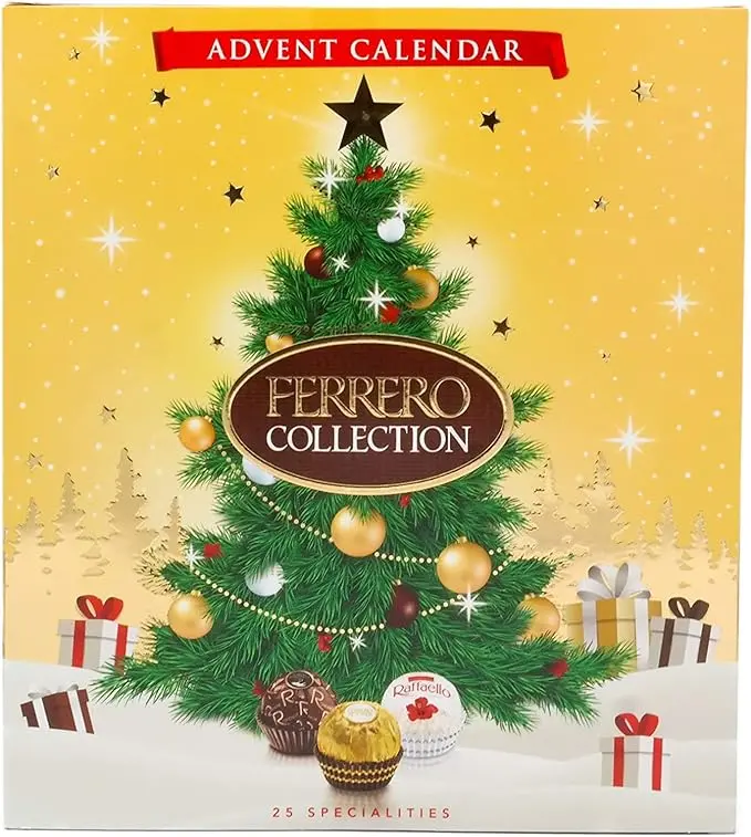 Calendario de Adviento Ferrero Collection con 25 bombones (271g). Una selección festiva de Ferrero Rocher, Raffaello y Rondnoir para regalar y disfrutar esta Navidad.