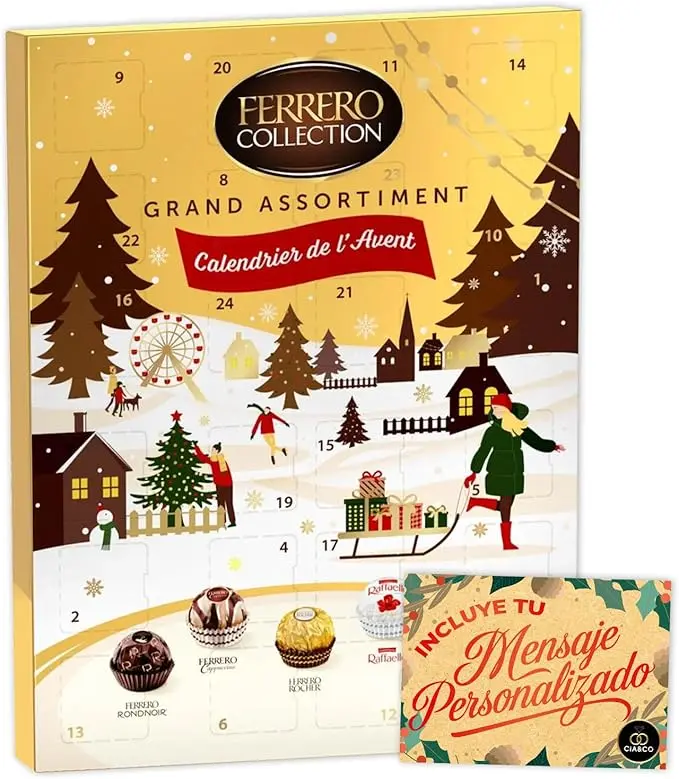 Calendario de Adviento Ferrero Rocher 2024 con 5 Bombones Selectos y Tarjeta Personalizable Cia&Co. Un regalo gourmet de 256g ideal para familias y parejas.
