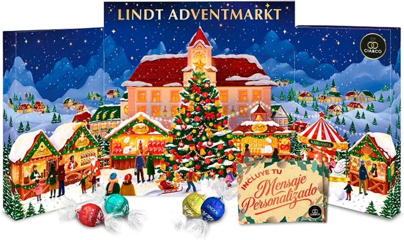 Calendario de Adviento Gran Mercado LINDT 2025 · Formato Libro Navidad XXL · Incluye Tarjeta Personalizada Exclusiva Cia&Co · Surtido de Bombones y Chocolates Lindor · Regalo Premium Lujo · 304 g