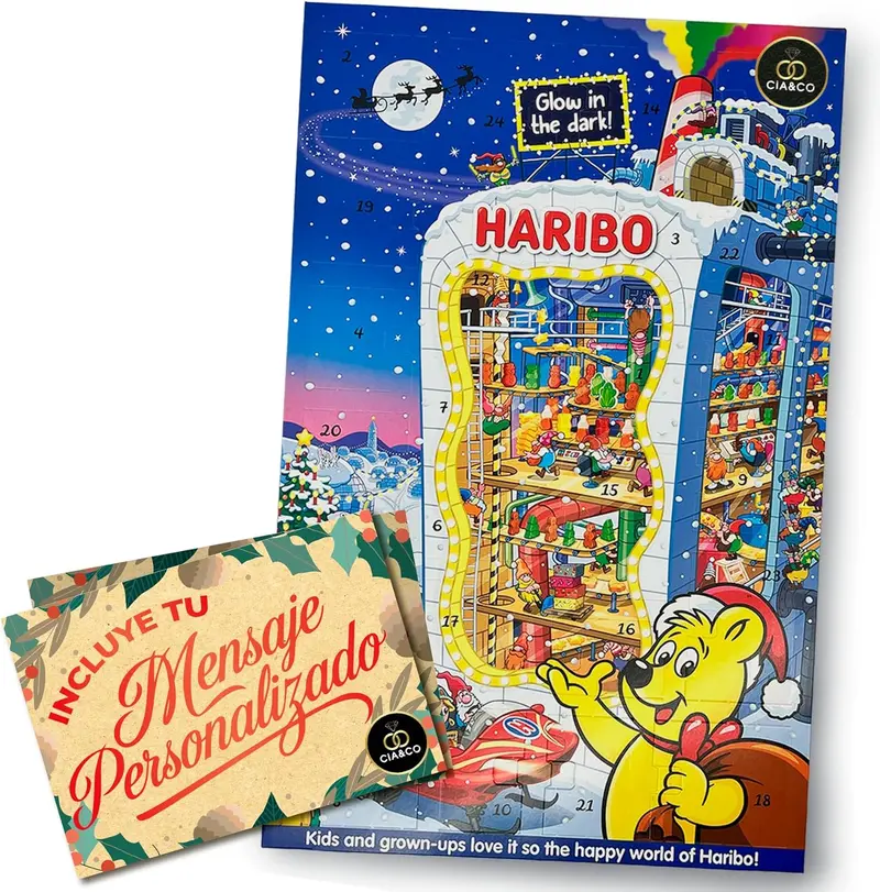 Calendario de Adviento HARIBO 2025 · Brilla en la Oscuridad · Con 24 Bolsitas y Caramelos de Goma Variados · Incluye Tarjeta Personalizada Exclusiva Cia&Co · Ideal para Niños, Niñas y Familias · 300 g