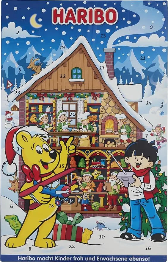 Calendario de Adviento HARIBO con 24 sorpresas de gominolas (300g). La cuenta atrás para Navidad más divertida con una mezcla de los mejores dulces y caramelos de la marca.