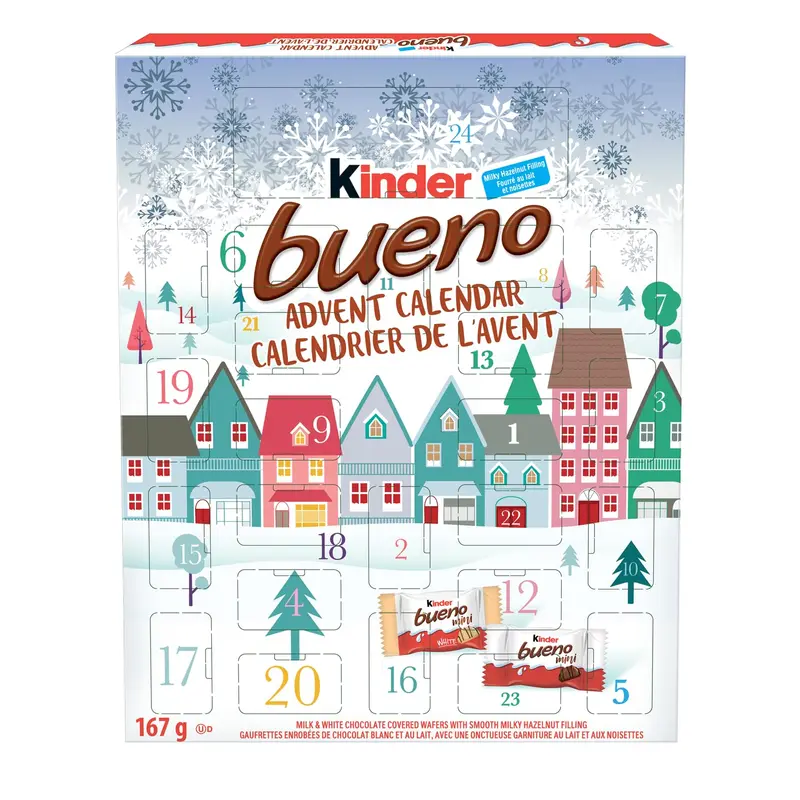 Calendario de Adviento Kinder Bueno 2024, la cuenta atrás más deliciosa para Navidad con 24 sorpresas de chocolate cremoso y barquillos crujientes. Un regalo ideal de 167g.