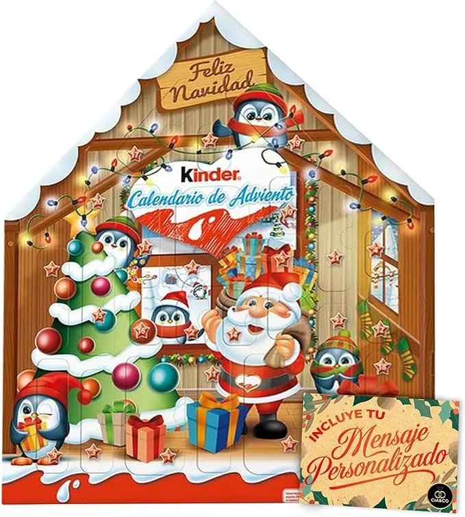 Calendario de Adviento Kinder Casa 2024 con 24 Chocolates Surtidos (184g) y Tarjeta Personalizable Cia&Co. Incluye Huevo Kinder Sorpresa, Schoko-Bons y más.