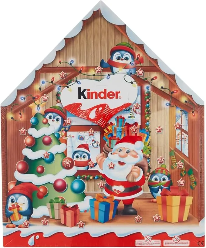 Calendario de Adviento Kinder Casa de Navidad, 184g. Un adorable calendario con forma de casita que esconde 24 deliciosas sorpresas de chocolate con leche Kinder.
