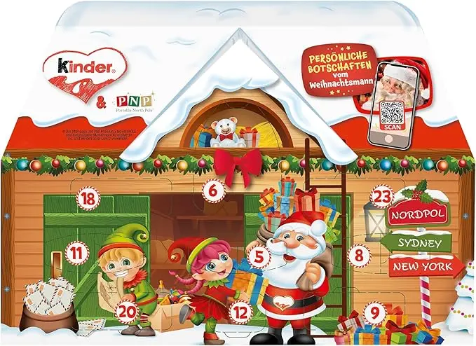 Calendario de Adviento Kinder con forma de Casita. Incluye 24 ventanas con un surtido de los mejores chocolates Kinder y mensajes de vídeo personalizados de Papá Noel.