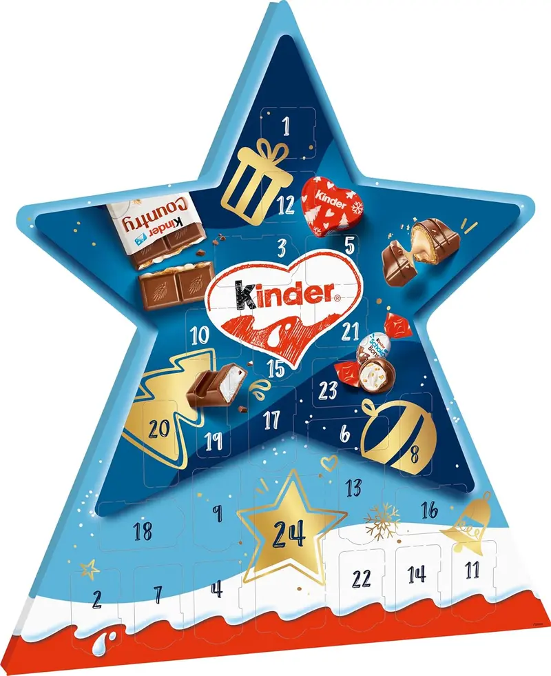 Calendario de Adviento Kinder con forma de Estrella. Un surtido de 24 bombones y chocolatinas Kinder para decorar y endulzar la cuenta atrás para la Navidad.