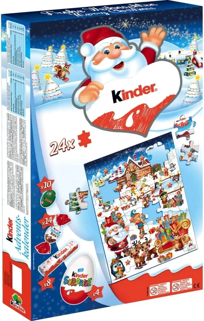 Calendario de Adviento Kinder con Puzzle (311g). Una cuenta atrás para Navidad con 36 bombones surtidos y un rompecabezas de 24 piezas para montar día a día.