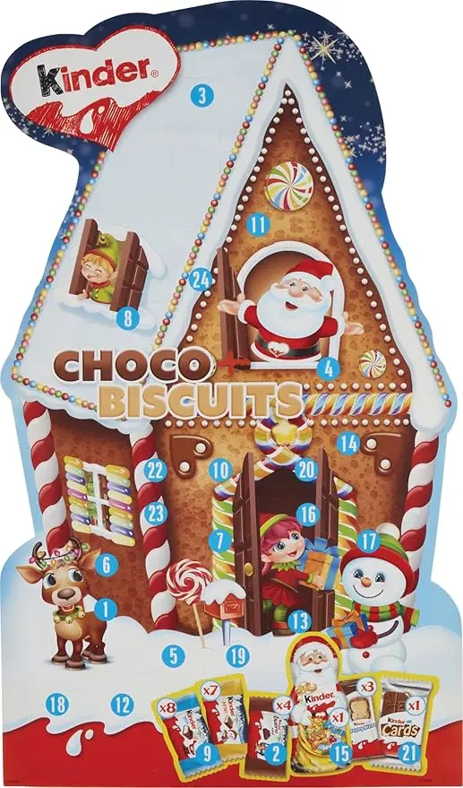 Calendario de Adviento Kinder Mix (203g) con un surtido de 6 especialidades de chocolate y galletas. Una cuenta atrás para Navidad con los snacks Kinder favoritos de todos.