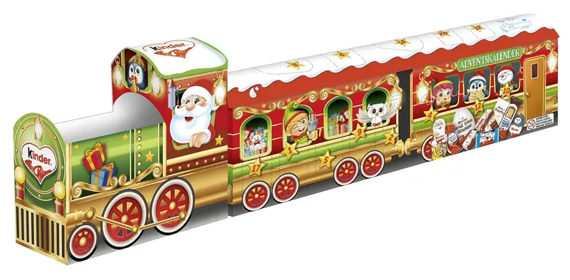 Calendario de Adviento Kinder Mix en forma de Tren 3D, 221g. Contiene un gran surtido de 8 especialidades Kinder diferentes para una Navidad llena de sorpresas y diversión.