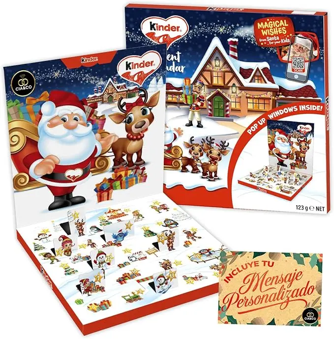 Calendario de Adviento Kinder POP UP Interactivo, 123g. Una cuenta atrás para Navidad con 24 sorpresas, juegos QR y Tarjeta Personalizable Cia&Co.