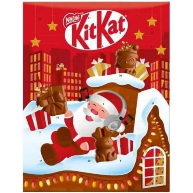 Calendario de Adviento KitKat con 24 sorpresas de chocolate con leche, 85g. El regalo ideal para la cuenta atrás de Navidad, con un diseño festivo y delicioso sabor.