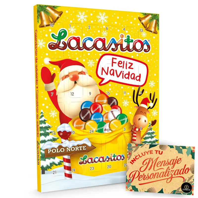 Calendario de Adviento Lacasitos 2024, 72g de chocolate, con 3 diseños aleatorios, pasatiempos y tarjeta personalizada Cia&Co. El regalo ideal para niños y niñas.
